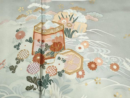 平和屋着物●訪問着　駒刺繍　飛鶴雪輪貝桶草花文　暈し染め　金彩　正絹　逸品　CABI2555yc