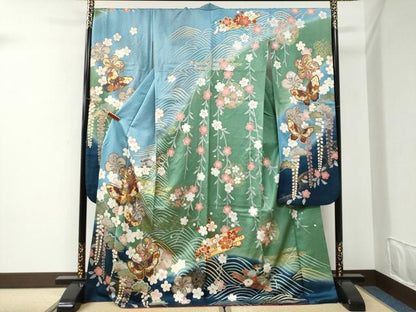 平和屋着物●豪華振袖　駒刺繍　浜松舞蝶花筏文　暈し染め　金彩　正絹　逸品　CABI2592yc