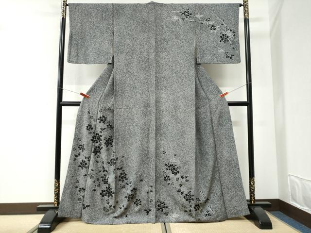 平和屋着物●訪問着　枝花文　たたき染め　黒地　正絹　逸品　CABI2610yc