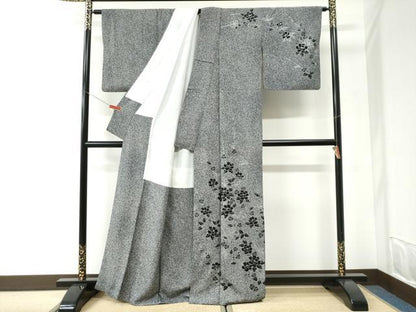 平和屋着物●訪問着　枝花文　たたき染め　黒地　正絹　逸品　CABI2610yc