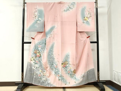 平和屋着物●英王室献上友禅作家　木下勝功　訪問着　刺繍　花蝶文　暈し染め　銀彩　正絹　逸品　CABI2628yc