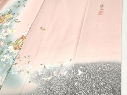 平和屋着物●英王室献上友禅作家　木下勝功　訪問着　刺繍　花蝶文　暈し染め　銀彩　正絹　逸品　CABI2628yc