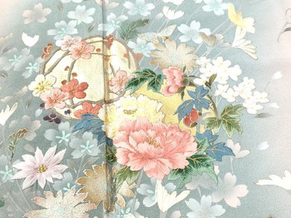 平和屋着物●英王室献上友禅作家　木下勝功　訪問着　刺繍　花蝶文　暈し染め　銀彩　正絹　逸品　CABI2628yc