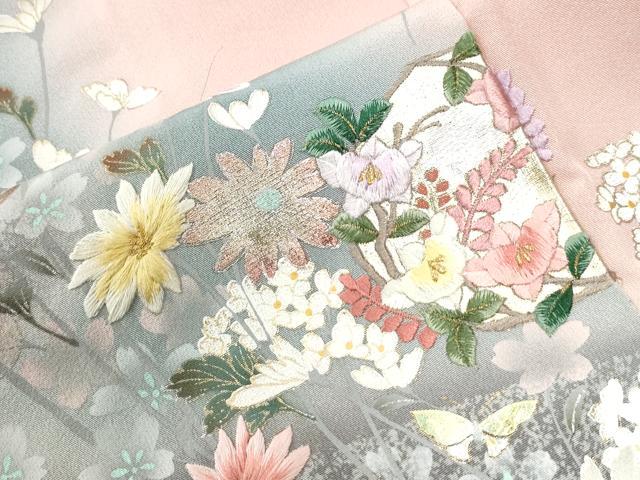 平和屋着物●英王室献上友禅作家　木下勝功　訪問着　刺繍　花蝶文　暈し染め　銀彩　正絹　逸品　CABI2628yc