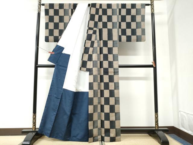 平和屋着物●上質な紬　市松文様　正絹　逸品　CABI2638yc