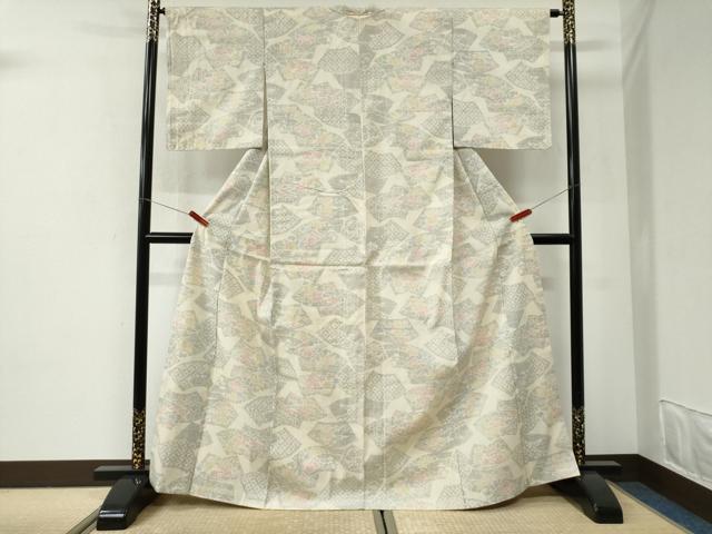 平和屋着物●結城紬　100亀甲　飛び亀甲柄　地紙重ね吉祥花文　正絹　逸品　CABI2645yc