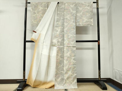 平和屋着物●結城紬　100亀甲　飛び亀甲柄　地紙重ね吉祥花文　正絹　逸品　CABI2645yc