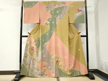 平和屋着物●染色作家　佐藤修平　訪問着　駒刺繍　雪輪草花文　金彩　正絹　逸品　CABI2658yc