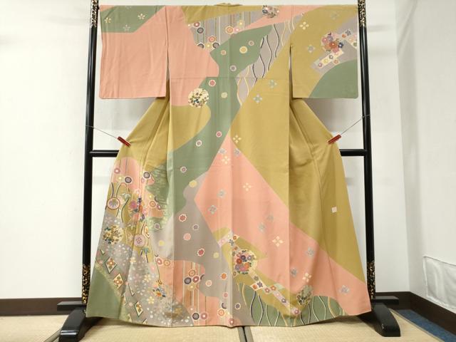 平和屋着物●染色作家　佐藤修平　訪問着　駒刺繍　雪輪草花文　金彩　正絹　逸品　CABI2658yc