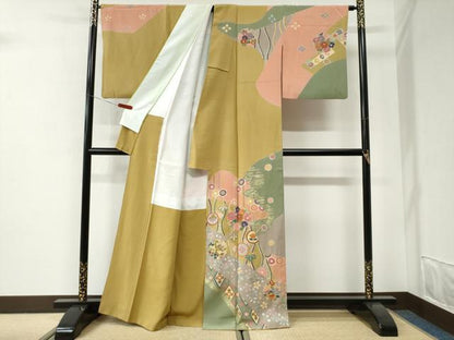 平和屋着物●染色作家　佐藤修平　訪問着　駒刺繍　雪輪草花文　金彩　正絹　逸品　CABI2658yc
