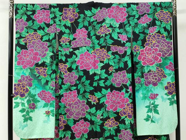 平和屋着物●豪華振袖　刺繍　牡丹　暈し染め　黒地　金通し地　正絹　逸品　CABI2669yc