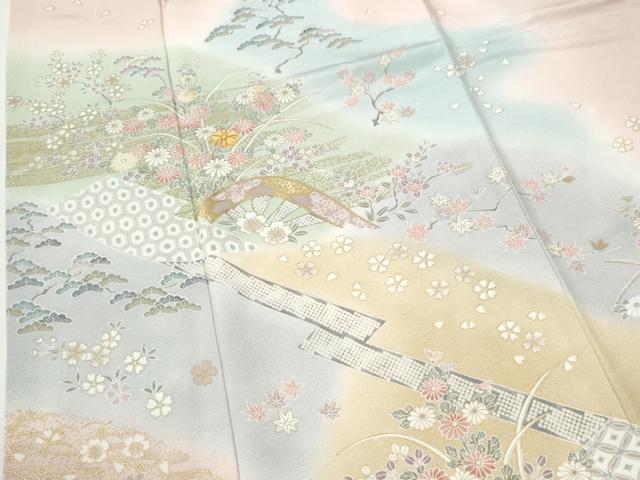 平和屋着物●訪問着　駒刺繍　片輪車草花文　暈し染め　金彩　やまと誂製　正絹　逸品　CABI2678yc