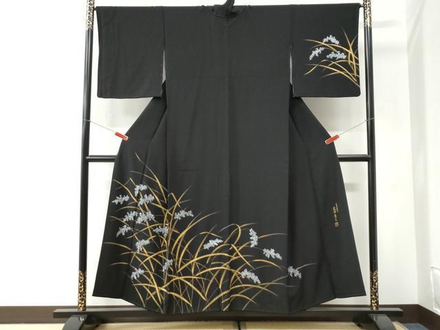 平和屋着物●日本舞踊家 岩井流宗元　岩井友見　訪問着　草花文　黒地　金彩　正絹　逸品　CABI2683yc