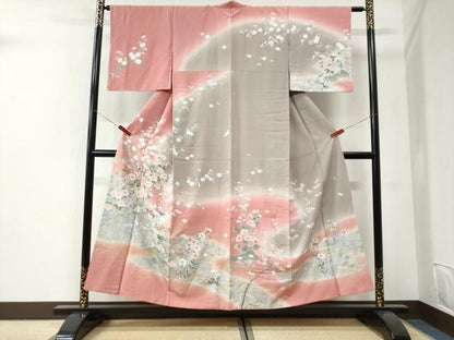 平和屋着物●訪問着　友禅　作家物　流水鴛鴦貝桶草花文　暈し染め　金彩　正絹　逸品　CABI2684yc