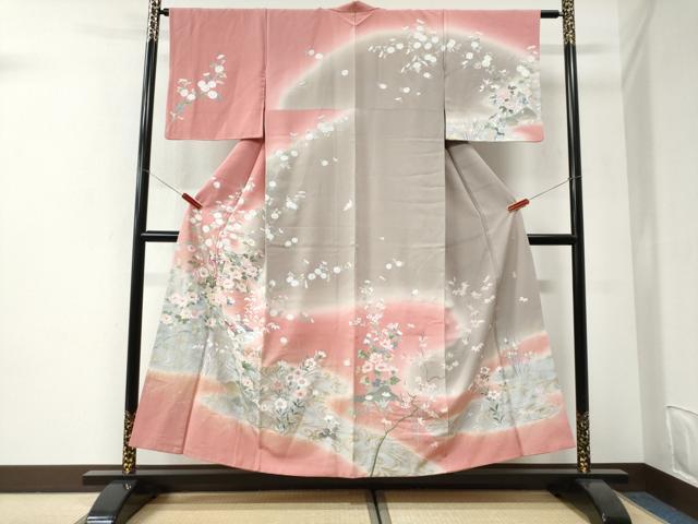 平和屋着物●訪問着　友禅　作家物　流水鴛鴦貝桶草花文　暈し染め　金彩　正絹　逸品　CABI2684yc