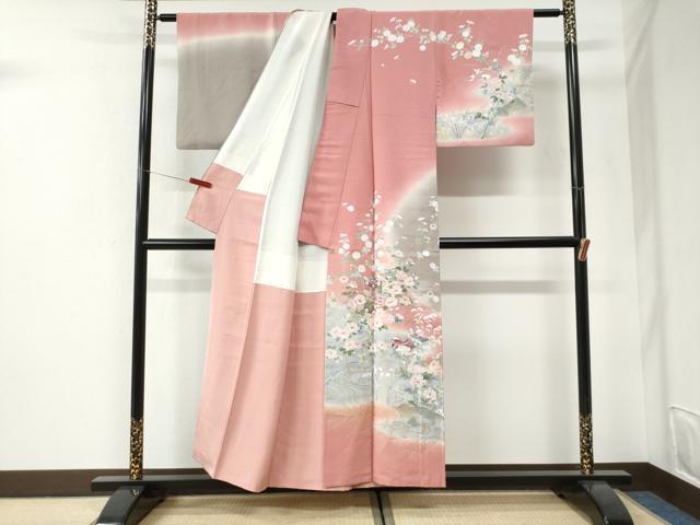 平和屋着物●訪問着　友禅　作家物　流水鴛鴦貝桶草花文　暈し染め　金彩　正絹　逸品　CABI2684yc