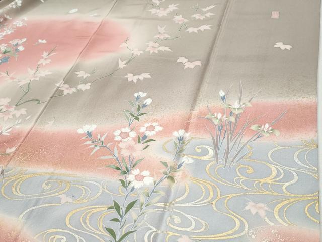 平和屋着物●訪問着　友禅　作家物　流水鴛鴦貝桶草花文　暈し染め　金彩　正絹　逸品　CABI2684yc