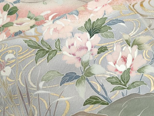 平和屋着物●訪問着　友禅　作家物　流水鴛鴦貝桶草花文　暈し染め　金彩　正絹　逸品　CABI2684yc