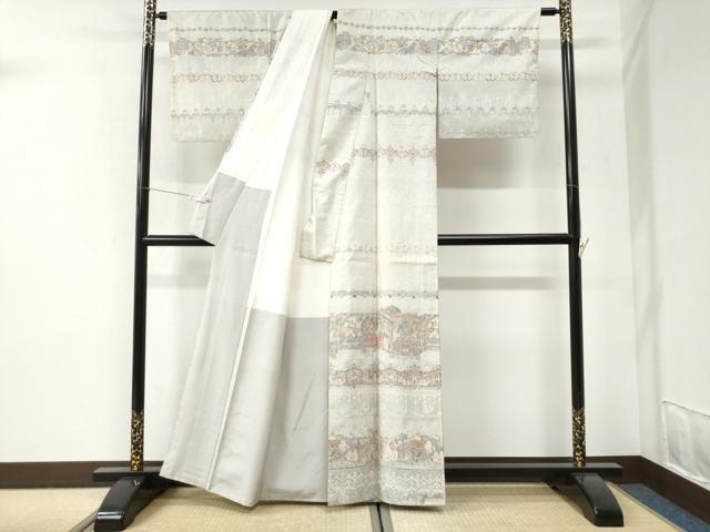 平和屋着物●訪問着　紬地　人物動物花唐草文　金彩　正絹　逸品　CABI2691yc