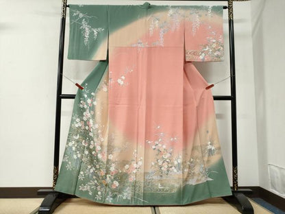 平和屋着物●十日町友禅作家　松雨　訪問着　流水鴛鴦草花文　暈し染め　金彩　正絹　逸品　CABI2693yc