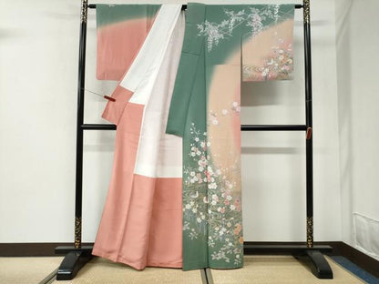 平和屋着物●十日町友禅作家　松雨　訪問着　流水鴛鴦草花文　暈し染め　金彩　正絹　逸品　CABI2693yc