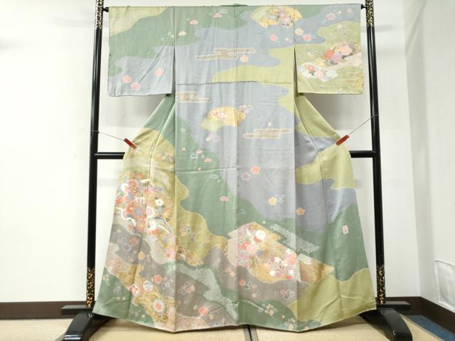 平和屋着物●訪問着　作家物　絞り　御所車流水花唐草文　金彩　正絹　逸品　CABI2694yc
