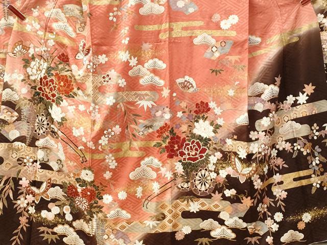 平和屋着物●豪華振袖　駒刺繍　エ霞文御所車舞蝶花車文　暈し染め　金彩　正絹　逸品　CABI2695yc