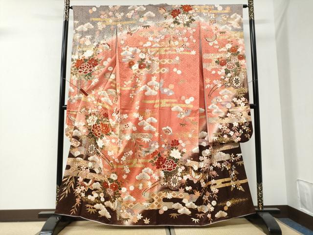 平和屋着物●豪華振袖　駒刺繍　エ霞文御所車舞蝶花車文　暈し染め　金彩　正絹　逸品　CABI2695yc