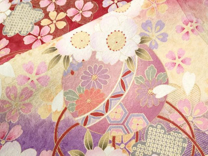 平和屋着物●豪華振袖　毬舞桜文　ラメ糸　暈し染め　金通し地　正絹　逸品　CABI2697yc