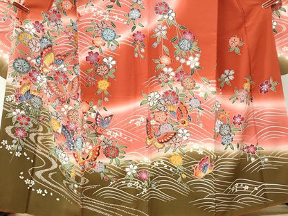 平和屋着物●豪華振袖　型染め　流水花蝶文　暈し染め　正絹　逸品　CABI2701yc