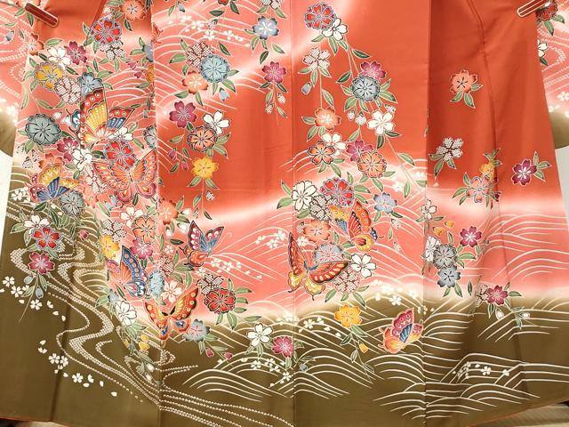 平和屋着物●豪華振袖　型染め　流水花蝶文　暈し染め　正絹　逸品　CABI2701yc