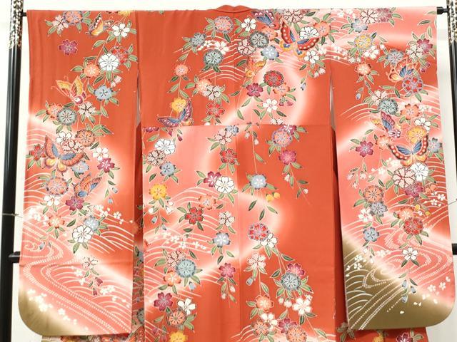 平和屋着物●豪華振袖　型染め　流水花蝶文　暈し染め　正絹　逸品　CABI2701yc