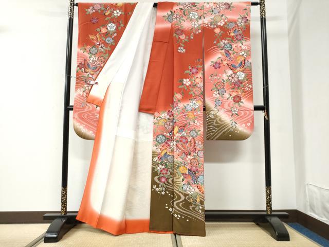 平和屋着物●豪華振袖　型染め　流水花蝶文　暈し染め　正絹　逸品　CABI2701yc