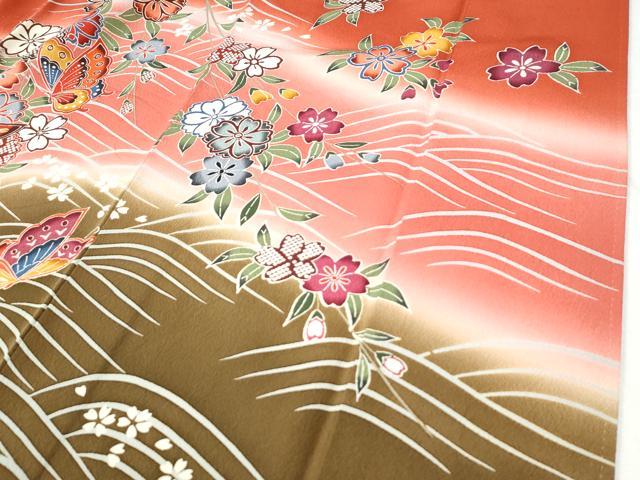 平和屋着物●豪華振袖　型染め　流水花蝶文　暈し染め　正絹　逸品　CABI2701yc