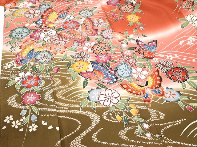平和屋着物●豪華振袖　型染め　流水花蝶文　暈し染め　正絹　逸品　CABI2701yc