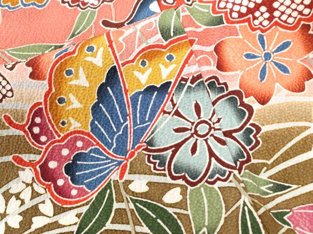 平和屋着物●豪華振袖　型染め　流水花蝶文　暈し染め　正絹　逸品　CABI2701yc