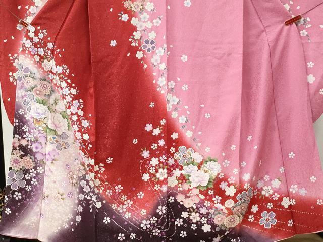 平和屋着物●豪華振袖　牡丹花文　ラメ糸　暈し染め　銀通し地　正絹　逸品　CABI2703yc