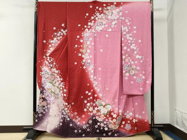 平和屋着物●豪華振袖　牡丹花文　ラメ糸　暈し染め　銀通し地　正絹　逸品　CABI2703yc