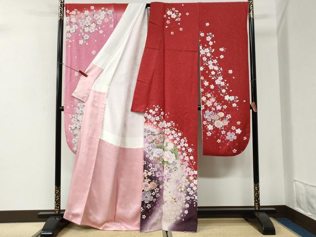 平和屋着物●豪華振袖　牡丹花文　ラメ糸　暈し染め　銀通し地　正絹　逸品　CABI2703yc
