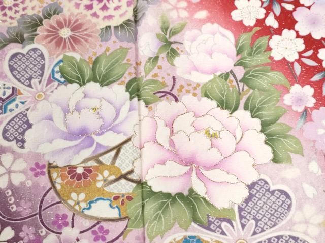 平和屋着物●豪華振袖　牡丹花文　ラメ糸　暈し染め　銀通し地　正絹　逸品　CABI2703yc