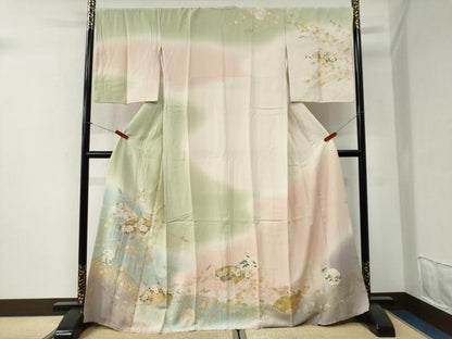 平和屋着物●訪問着　駒刺繍　地紙草花文　暈し染め　金彩　正絹　逸品　CABI2708yc