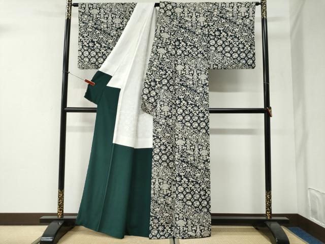 平和屋着物●上質な小紋　鳳凰動物桐花唐草文　紺地　正絹　逸品　CABI2719yc