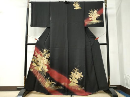 平和屋着物●訪問着　流水草花文　暈し染め　黒地　金彩　正絹　逸品　CABI2725yc