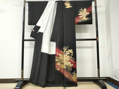 平和屋着物●訪問着　流水草花文　暈し染め　黒地　金彩　正絹　逸品　CABI2725yc