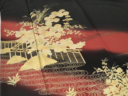 平和屋着物●訪問着　流水草花文　暈し染め　黒地　金彩　正絹　逸品　CABI2725yc