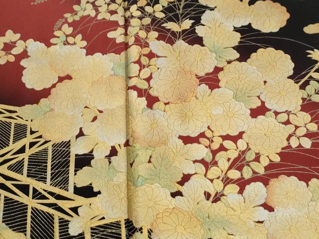平和屋着物●訪問着　流水草花文　暈し染め　黒地　金彩　正絹　逸品　CABI2725yc
