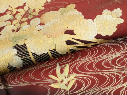 平和屋着物●訪問着　流水草花文　暈し染め　黒地　金彩　正絹　逸品　CABI2725yc