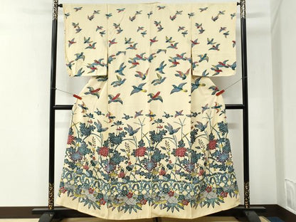 平和屋着物●訪問着　型染め　籬花鳥文　正絹　逸品　CABI2728yc