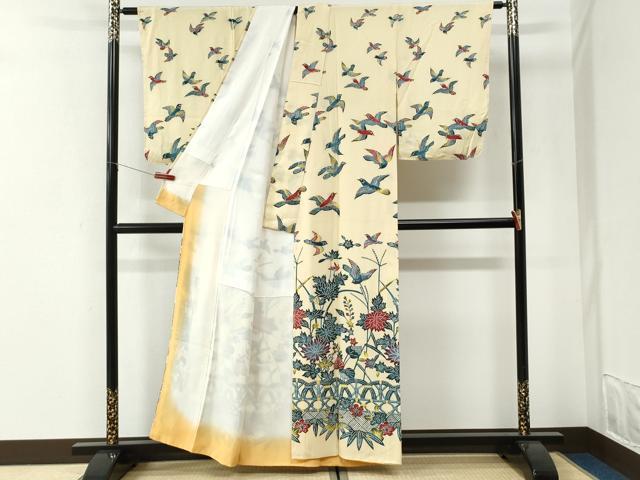 平和屋着物●訪問着　型染め　籬花鳥文　正絹　逸品　CABI2728yc