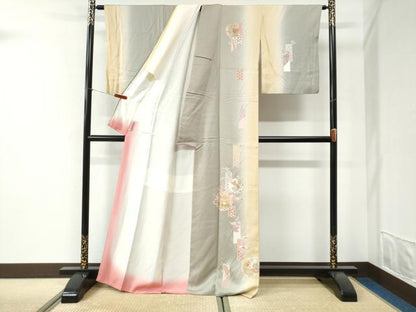 平和屋着物●訪問着　短冊雪輪花蝶文　暈し染め　金彩　正絹　逸品　CABI2737yc